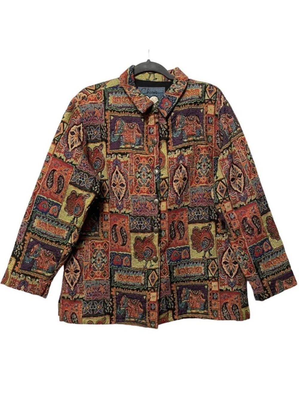 CHICO’S Beaded Tapestry Animals Collared Jacket XL
